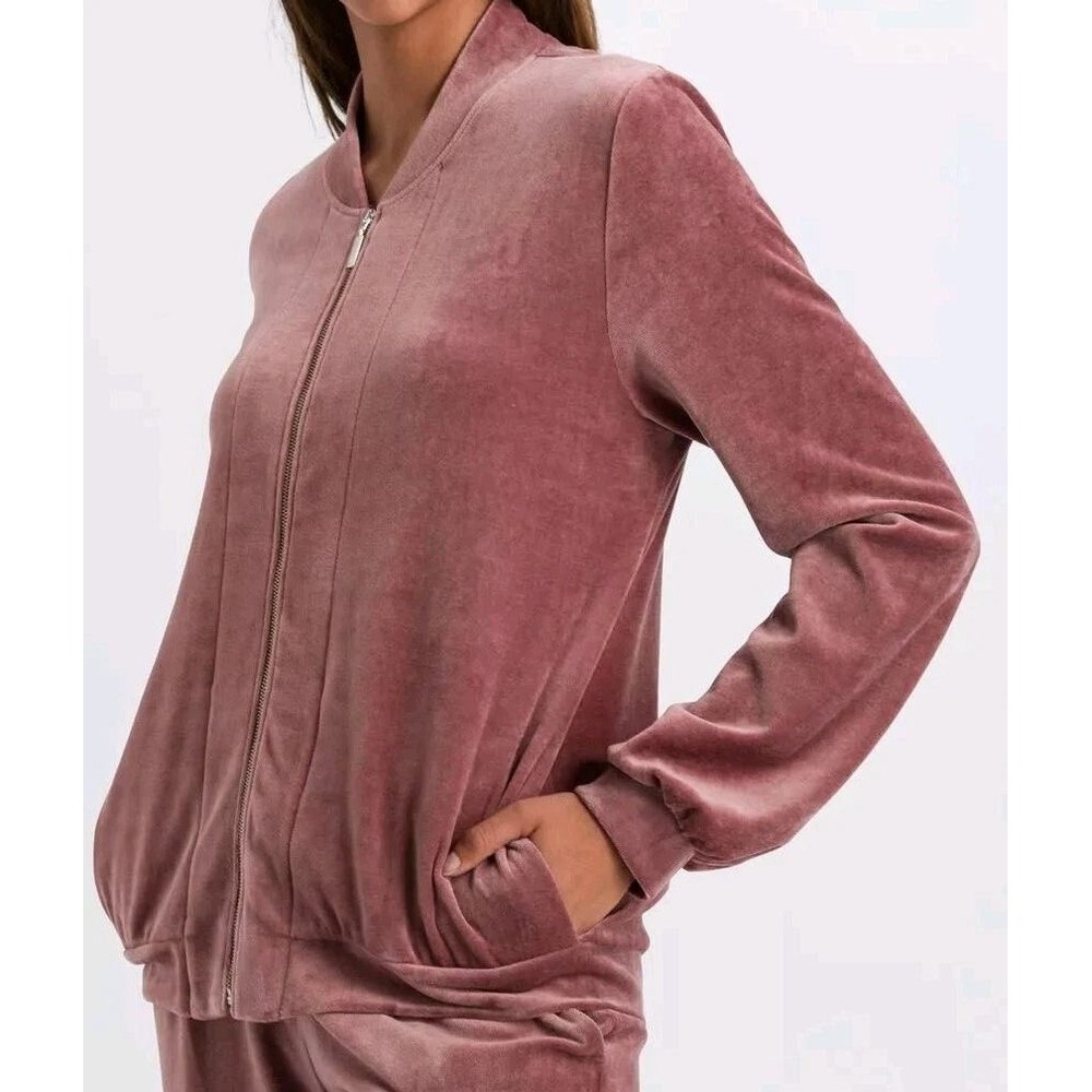 Hanro Womens Velvet Bomber Jacket Dusty Rose Mauve Full Zip Small S/P Loungewear - Picture 8 of 10